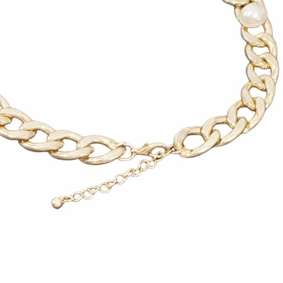 Faux Pearl Bead Gold Tone Link Chain Necklace 16" Chain - Picture 4 of 11